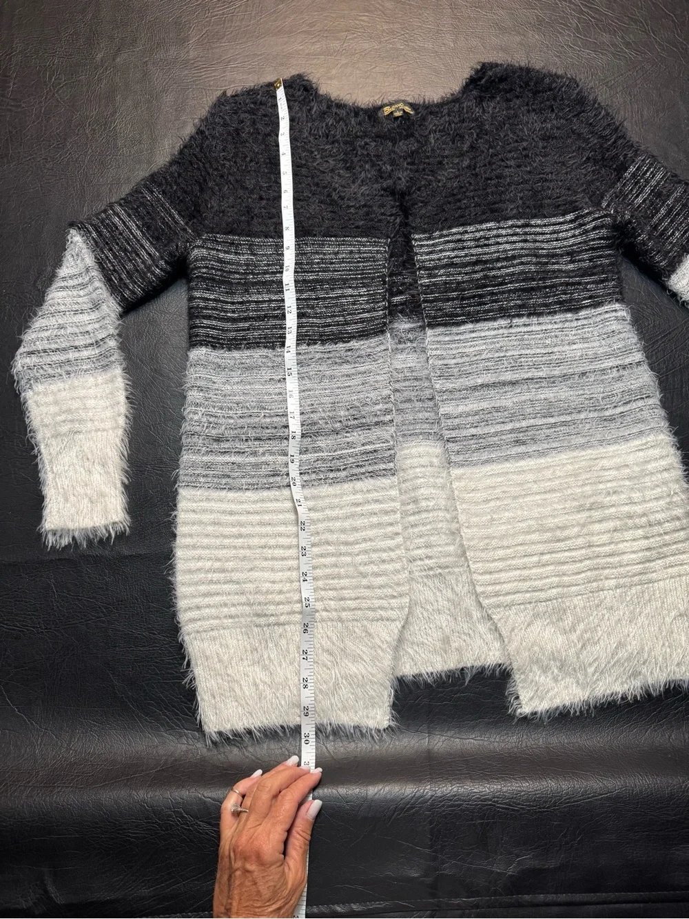 Baciano L Eyelash Knit Duster Cardigan Sweater Ombre Black Gray White Fuzzy Cozy